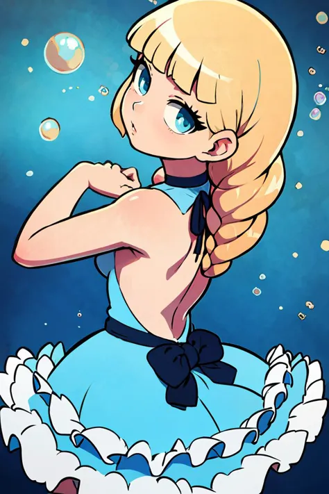 a close up of a cartoon girl with a blue dress and a bow