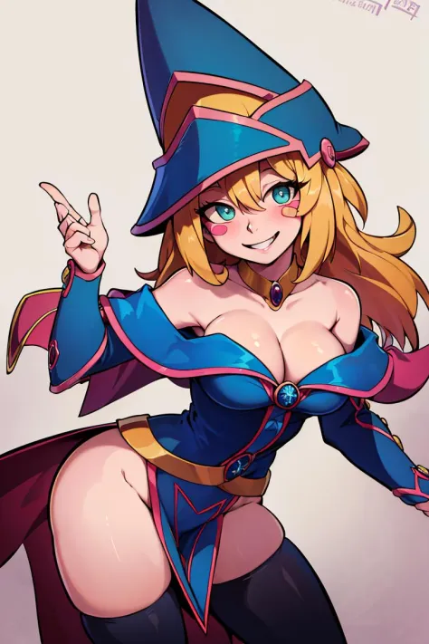 <lora:the_other_half_style:0.8>,((masterpiece,best quality)), absurdres, <lora:dark_magician_girl_v1:0.7>, hmdmg1, wizard hat, blush, blush stickers, cleavage, bare shoulders, dress, off shoulder, solo, smiling, looking at viewer, cowboy shot, cinematic co...