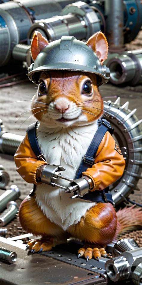 industrial, a cute squirrel wearing  platinum protective gear, guarding a pile of bolts