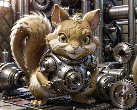 industrial, a cute squirrel wearing brushed gold protective gear, guarding a pile of gears