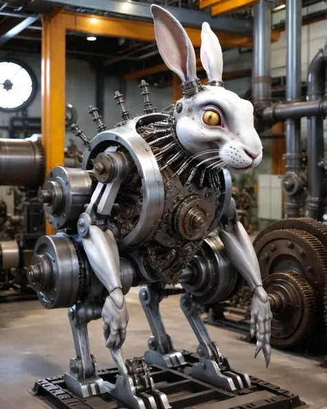 an industrial mechanical monster rabbit. gears and chains holding the body and legs together. incredibly intricate and highly de...