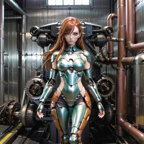 industrial, wearing a mint green gunmetal gray jumpsuit, a female humanoid made of brushed copper with mechanical body parts and...