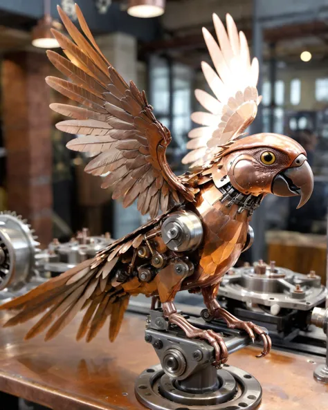 an industrial mechanical monster parrot with spread wings. bearings and nuts holding the body and wings together. incredibly int...