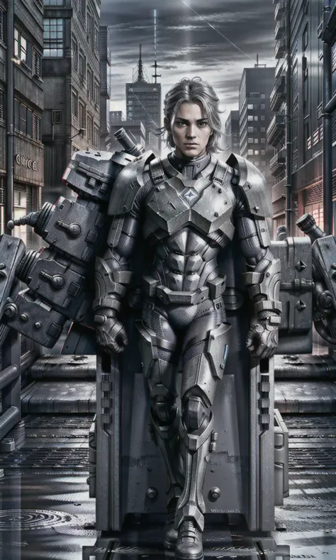 industrial, a full-body portrait of an android soldier wearing brushed iron gray slate gray protective gear in a cityscape at ni...