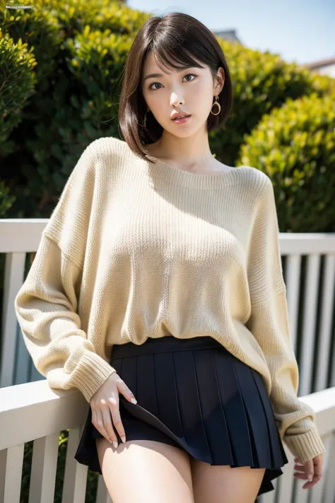 a woman in a skirt and sweater posing on a bench