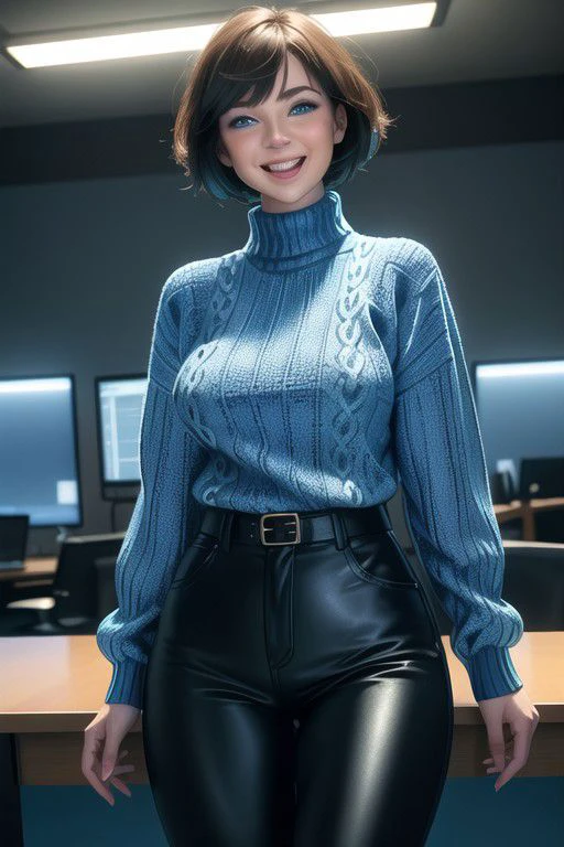 1girl, russian,solo,(cowboy shot:1), bobcut hairstyle, short hair, brown hair, (blue eyes:1.5),  long sleeve, turtleneck, (vivid azure long sweater:1.6), (leather long black pants:1.3), (masterpiece, best quality, hires, high resolution:1.2), (extremely detailed, realistic, intricate details, highres), (nipples under wear:1.1), 3d, (laughing:1.4), blush, eyeliner, eyeshadow, eyelashes, (medium breasts, saggy breasts:1.2), full thigh, (cinematic lighting, sunlight, volumetric), looking at viewer, pale yellow office background, film grain