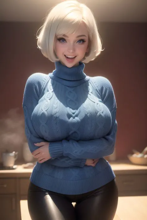 1girl,solo,<lora:GoodHands-beta2:0.4>, bobcut hairstyle, short hair, white hair, (blue eyes:1.2), turtleneck, (trypan blue sweater:1.6), (leather black pants), (masterpiece, best quality, hires, high resolution:1.2), (extremely detailed, realistic, intricate details, highres), 3d, shiny skin, (laughing:1.4), blush,, eyeliner, eyeshadow, eyelashes,, (gigantic breasts, saggy breasts:1.2), (cinematic lighting, sunlight, volumetric), looking at viewer, simple red background, vintage fantasy, 1960s \(style\), film grain,