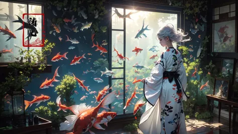 1girl, fish, solo, indoors, painting (object), white hair, short hair, plant, japanese clothes, standing, goldfish, holding, sunlight, kimono, koi, window, animal, long sleeves, from behind, hakama, facing away, picture frame, shadow, flower, aquarium
