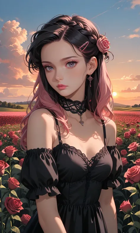 score_9, score_8_up, score_7_up, beautiful female in flower fields, sky, outdoor, sunny, evening, sunset, (wooden hut:0.7), rose...