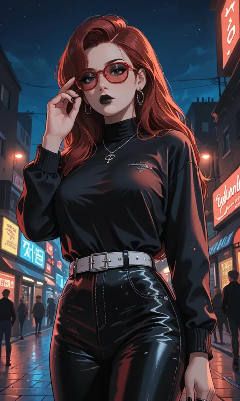 score_9, score_8_up, score_7_up, red hair female standing on the night street at nightclub, dynamic angle, dutch angle, from below, garbage, messy, night, street, 1girl, red hair, long hair, big breasts, rectangle eyewear, adjusting eyewear, sunglasses, black eyes, black lips, black eyeshadow, black eyeliner, rectangular eyewear, white belt, leather belt, <lora:easynegative:1> <lora:Expressive_H:1> <lora:age_slider_v4:1> <lora:StS_detail_slider_v1:2> <lora:xl_more_art-full_v1:0.25> <lora:gg3:0.5> goth girl, goth girl 1girl <lora:retro-neon-style:0.3> retro_neon <lora:High-key lighting Style:1> high-key, <lora:volumetric lighting style v2:1> volumetric, lighting