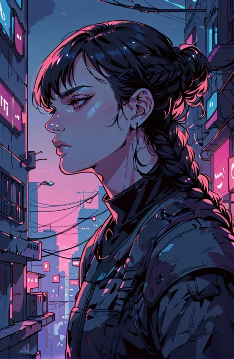 (score_9,score_8_up,score_7_up:1), bored,  black hair, queens braid hairstyle,  leaning again and looking outward, sci-fi city, ...