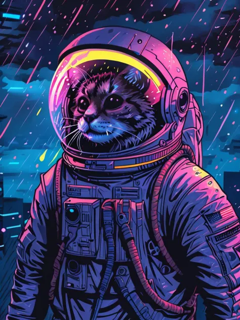 masterpiece,high resolution,<lora:retro-neon-xl-style:1>,
retro_neon, rain, solo, sky,dark  astronaut suit, upper body, male foc...