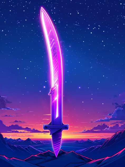 <lora:retro_neon-sd:0.8>,
retro_neon, no humans, sky, sword,purple glow,  weapon, starry sky, scenery, night sky