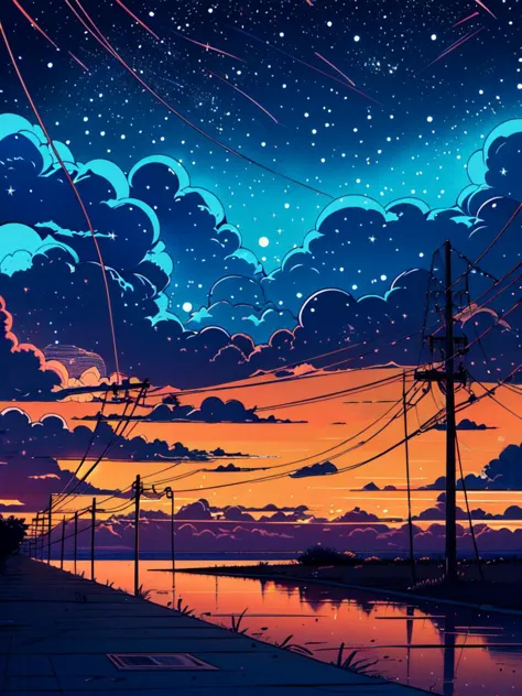 <lora:retro_neon-sd:0.8>,
retro_neon, cloud, sky, no humans, scenery, outdoors, power lines, sunset, star (sky)