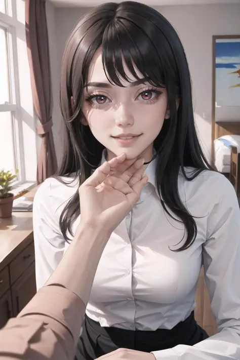 Highly detailed, High Quality, Masterpiece, beautiful, StrokingAnothersChin, hand on another's chin, pov, <lora:StrokingAnothersChin:1>, 1girl, solo, smirk, ^_^, black hair, long hair, shirt, white shirt, red eyes