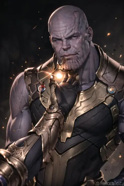 Highly detailed, High Quality, Masterpiece, beautiful, StrokingAnothersChin, hand on another's chin, pov, <lora:StrokingAnothersChin:1>, 1boy, solo, smirk, ^_^, upper body, photo of thnos, muscular, <lora:Char_Sigmas_Thanos:0.8>
