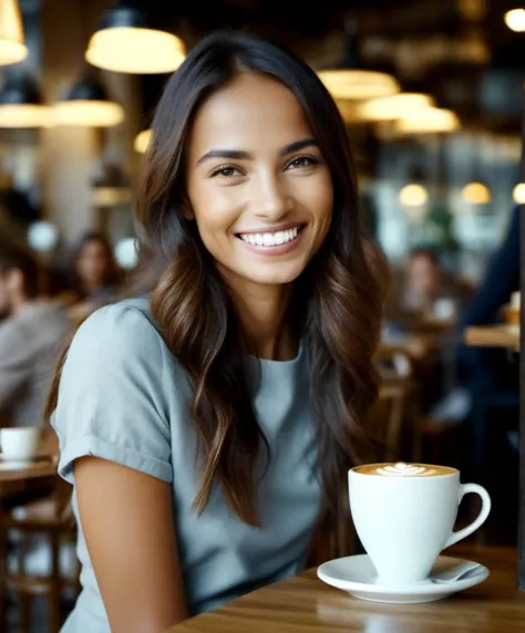 8k, uhd, beautiful lighting, , a cinematic photograph of a beautiful woman serving coffee in a cafe, smile,