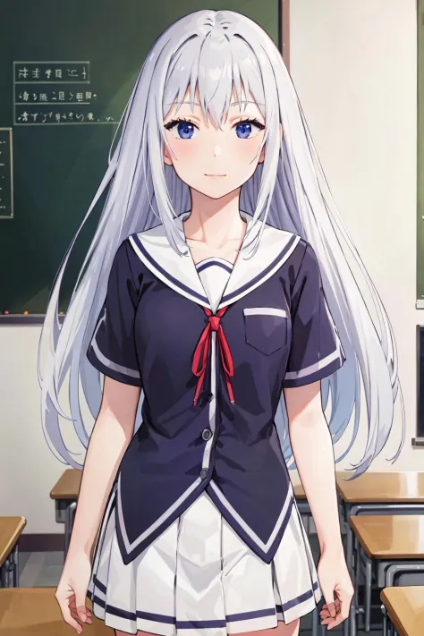 ((best quality, high quality, masterpiece, highres)), masuzu natsukawa, 1girl, solo, looking at viewer, school uniform, sailor collar, school, classroom, cowboy shot, 