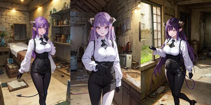 there are two pictures of a woman in a kitchen with purple hair