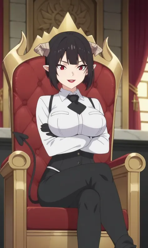 a woman sitting on a red chair with a crown on her head