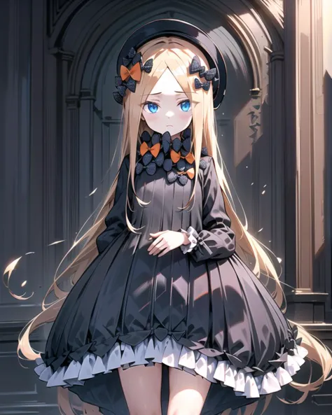 1girl, standing, arms at sides, 
 <lora:Abigail-v1.1:0.8>, abigail, blue eyes,  hat, orange ribbon, hair ornament, very long hair, frills, black dress, 
blush,