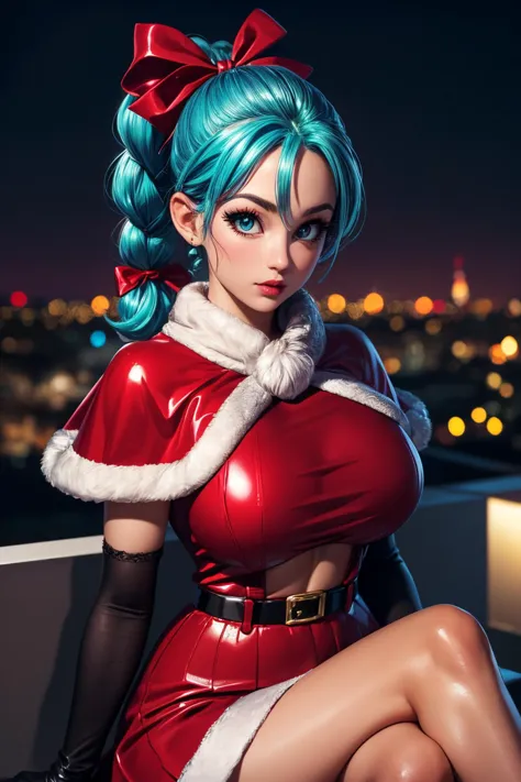 (ultra realistic,32k,RAW photo:1.1),(high detailed skin:1.1), 8k uhd, dslr, high quality, film grain, (makeup, mascara:1.1), lips,(thick\lips\), 
(shiny glossy translucent clothing:1.1), <lora:bulma_9:0.6>dragon ball, (blmpony:1.1), aqua hair, (hair ribbon:1.1), braided ponytail,<lora:erosantav1:0.5>red fur-trimmed capelet, suspenders, christmas, red skirt, red fur-trimmed gloves, <lora:add_detail:0.85>, (huge breast:0.9), 
(looking at viewer, sitting, crossed legs:1.1),, 
 (busty:1.1) ,  (chubby:0.1),(radiant:1.1),<lora:LowRA:0.4>, dark theme, rooftop terrace, panoramic city views, relaxing ambiance, sunset  christmas, chrismas lights,