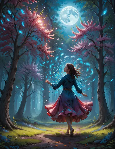 a woman in a dress is walking through a forest with a full moon