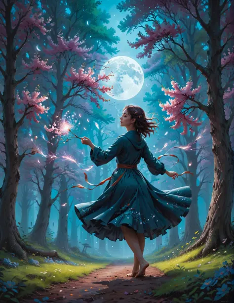 a woman in a blue dress is walking through a forest with a full moon