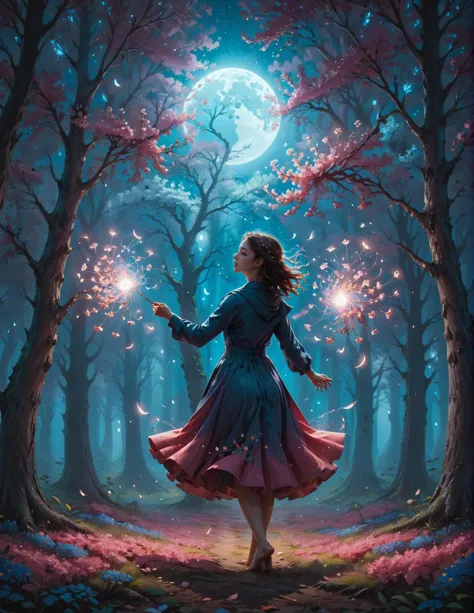 a young woman of Air twirling, moonlit grove of flowering trees, Dreamyvibes Artstyle, Anatomical Drawing in Jessica Rossier sty...