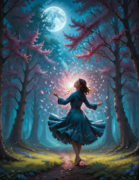 a young woman of Air twirling, moonlit grove of flowering trees, Dreamyvibes Artstyle, Anatomical Drawing in Jessica Rossier sty...