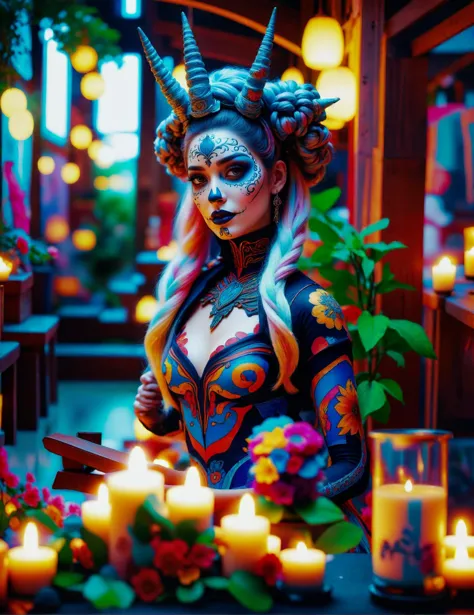 a woman with makeup and makeup art holding a book in a room with candles