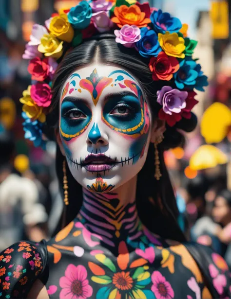 a woman with a colorful face paint and flower wreath on her head