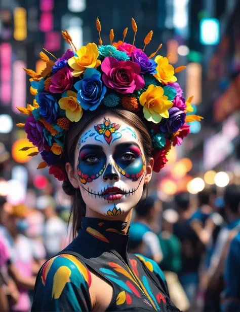 araffe woman with colorful makeup and flower headdress in a crowded street