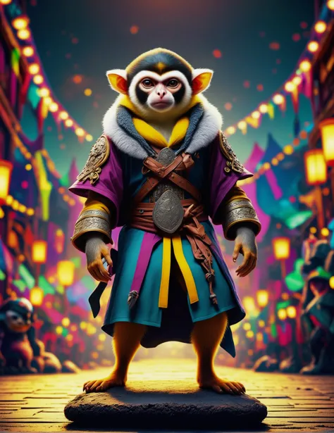 a monkey in a costume stands on a street with lanterns