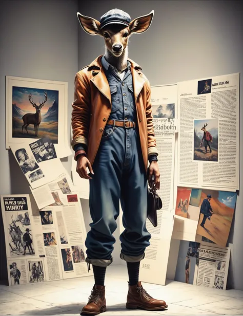 Wide angle Land Art illustration, (Solo figure in Vintage Newsboy Cap and Overalls:1.3), Off-center composition, Standing pose, (Long-sleeved attire:1.2), Art Galleries or Museums setting, Artistic whisker details, Casual yet captivating.<lora:Humanizer XL:1>(hmnzct Pere Davids Deer:1.3),