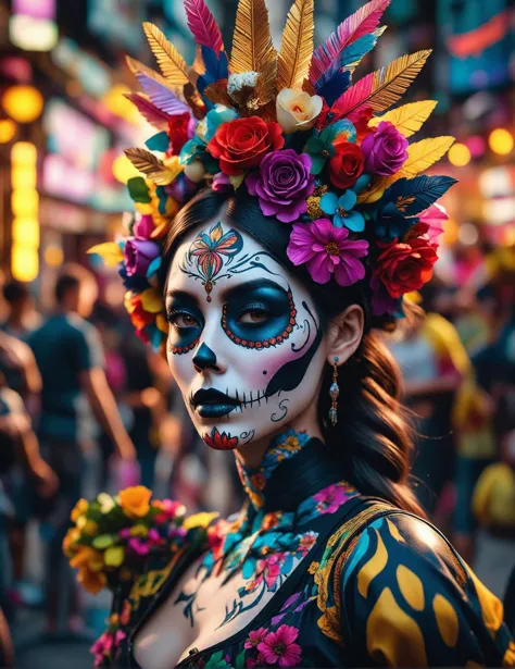 a woman with a colorful face paint and flower headpiece