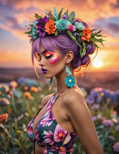 a woman with purple hair and flowers in her hair