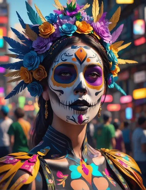 a close up of a woman with a face painted with flowers