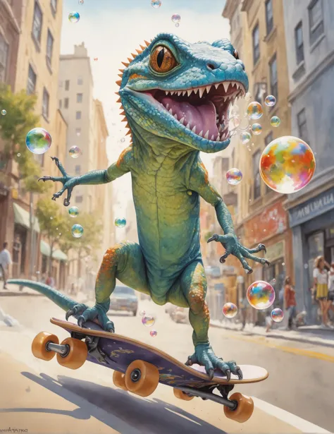Medium close-up watercolor painting, (Skateboarding lizard:1.4), Dynamic action, Bubble-blowing spectacle, (Colorful bubbles:1.3...