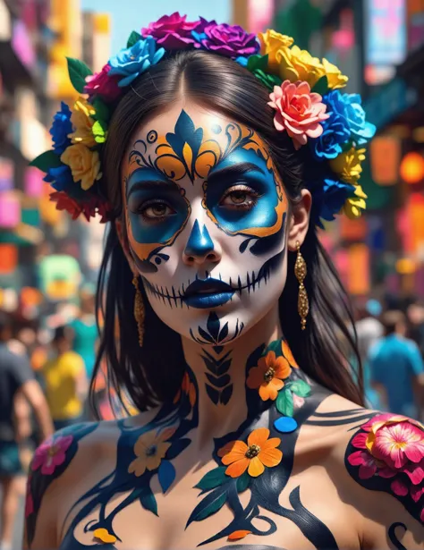 a close up of a woman with a face painted with flowers