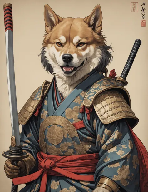 Portrait Ukiyo-e artwork, (Sword-wielding samurai dog:1.3), Off-center focus, Courageous fighter, (Shiny sword and fierce eyes:1...