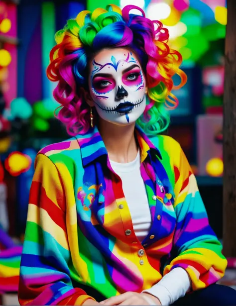 a woman with a colorful wig and face paint sitting on a bench