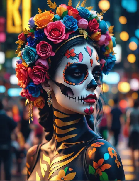 a close up of a woman with a face painted with flowers