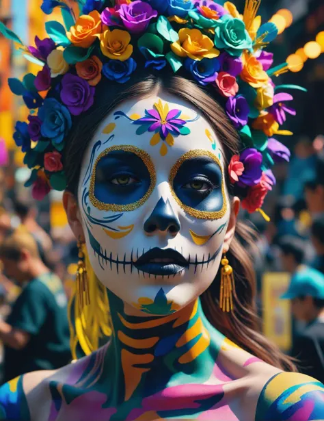 a close up of a woman with a face painted with flowers