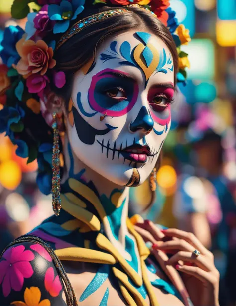 a woman with a colorful face paint and flowered headpiece