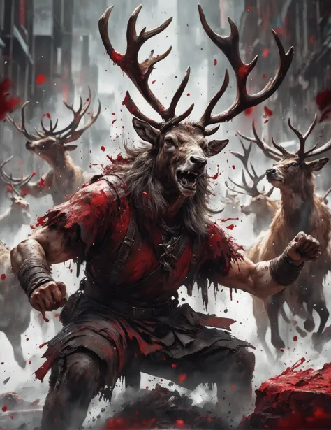 a man with horns and blood on his face is surrounded by deer