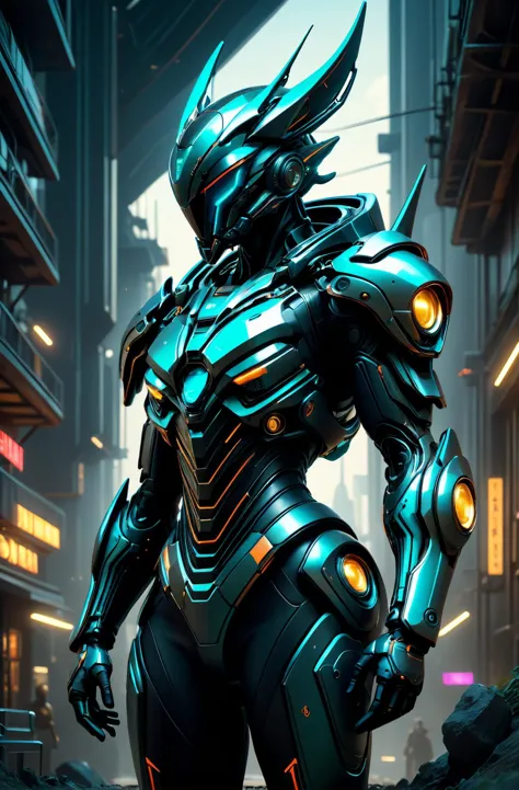 highly detailed photo of futuristic cybernetic alien creature wearing futuristic retro suit by mark keathley, dramatic warm colo...