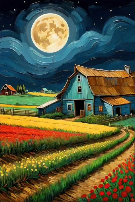 painting of a farm with a barn and a full moon, an ultrafine detailed painting inspired by vincent van gogh, pixabay contest win...