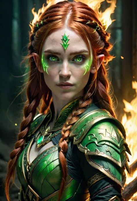 highly detailed photo of a red haired beautiful elf mage wearing green mage armor with her eyes glowing, long braided hair, ligh...