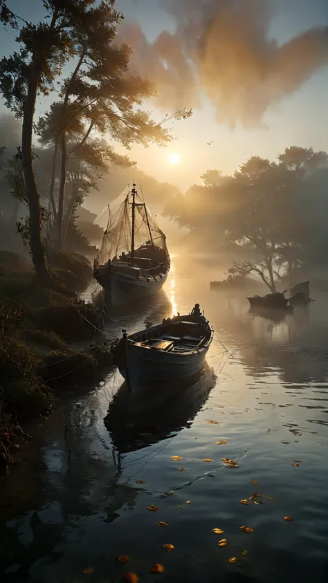 low angel, The misty morning scene depicts a fishing boat gently gliding out onto the water its nets ready for the day's catch. The golden light of dawn casts a warm glow on the boat and its surroundings as the mist slowly lifts and dissipates. The water's surface shimmers with reflections creating a dreamlike atmosphere. The details of the boat rigging and net are expertly rendered adding to the realism of the scene. The colors are rich and vibrant capturing the essence of a peaceful morning on the sea. The overall composition is harmonious and visually pleasing making it an outstanding work of art, <lora:fog_creatures_v4:0.6> <lora:add-detail-xl:0.9> dvr-lnds-sdxl <lora:MJ52:0.5> <lora:zavy-cntrst-sdxl:0.4> <lora:zavy-rmlght-sdxl:0.4>